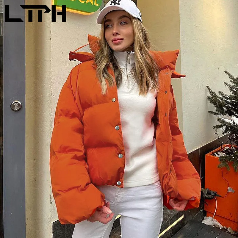 LTPH winter coat women puffer jacket long sleeve hooded parka solid single breasted loose casual thicken warm outerwear 2021 new