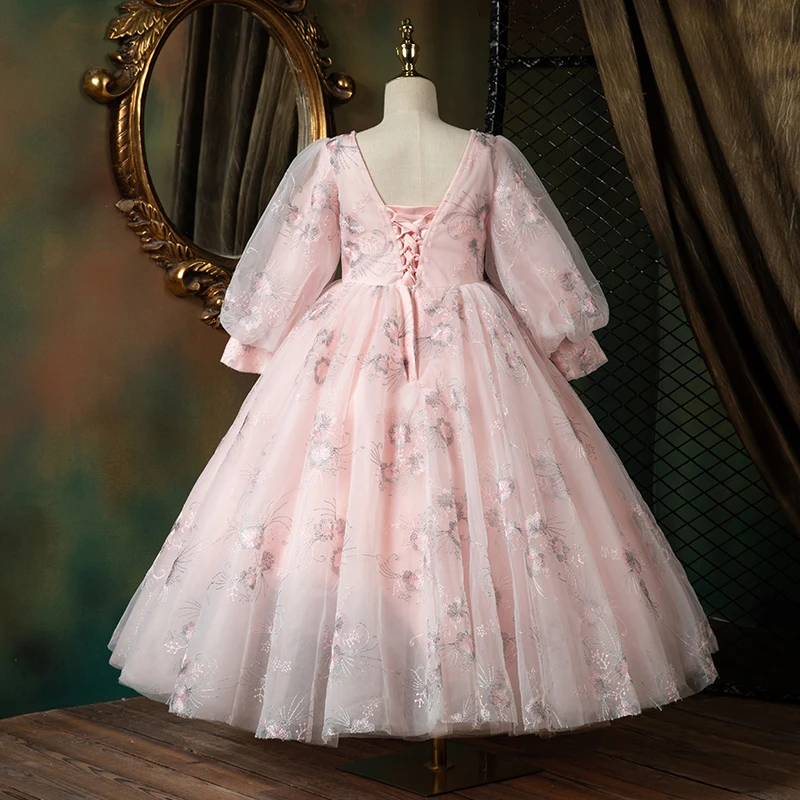 

Sweet Puff Sleeves Flower Girl Dresses For Wedding Kids Embroidery Bandage Prom Pageant Gowns Children Party Walk Show Clothing