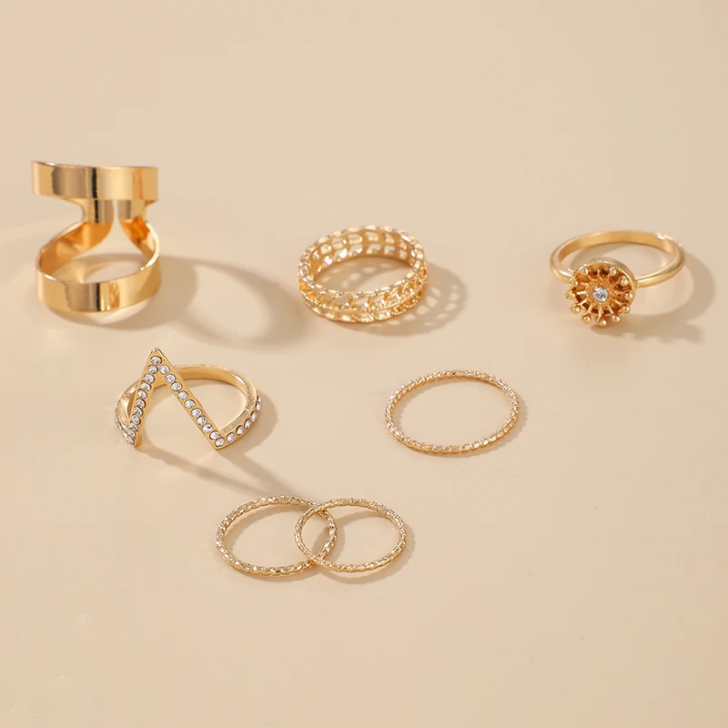 

Docona 7pc Trendy Crystal Flower Rings Set for Women Gold Color Geometric Smooth Midi Knuckle Rings Female Party Jewelry Anillos