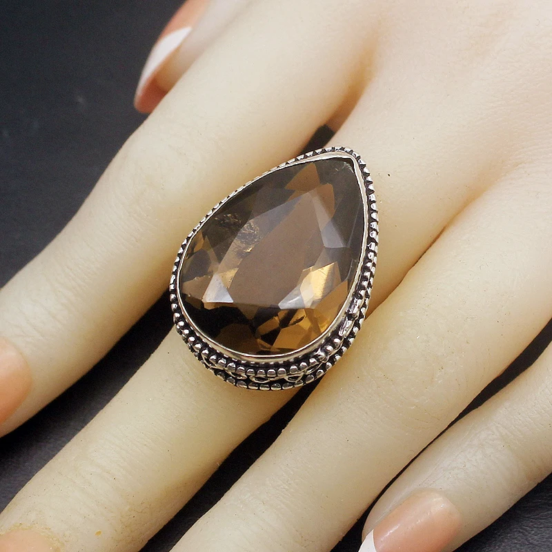 Hermosa Solitaire уникальное каплевидное дымчатое кольцо Topaz925 из стерлингового серебра модное кольцо размер 7 A885