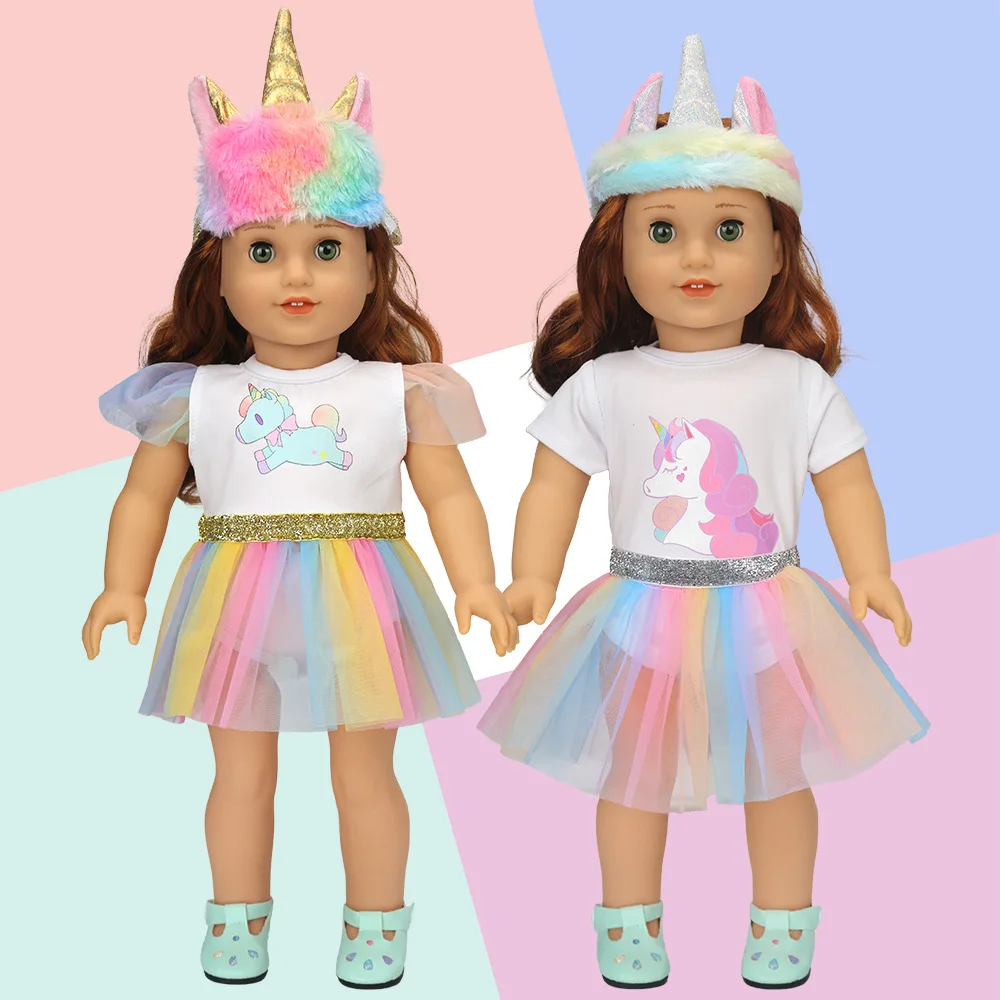 

2021 Fit 18 inch 43cm Doll Clothes Accessories Baby New Born Unicorn Headband 3-piece Veil Dress Suit For Baby Birthday Gift