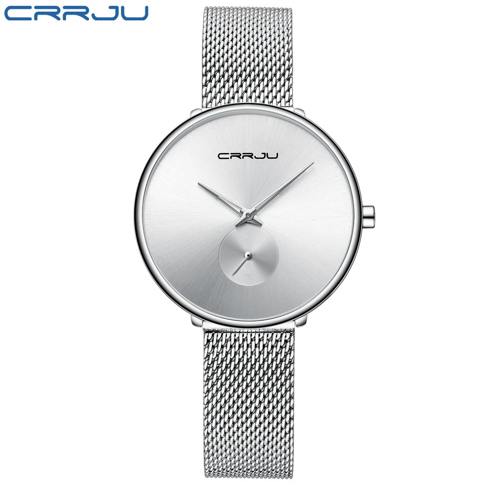 silver white CRRJU женские часы, ультра тонкие кварцевые часы из нержавеющей стали, женские повседневные часы с браслетом, женские часы для влюбленных, подарок - Цвет: silver white