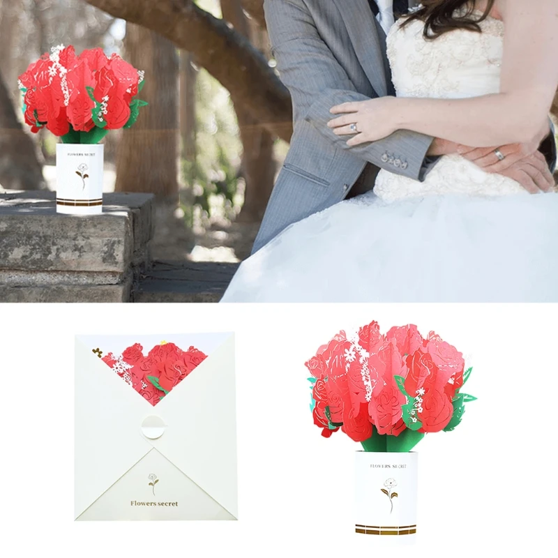 

3D Pop-Up Rose Flower Greeting Card for Birthday Mother's Day Wedding Party Anniversary Graduation with Envelope