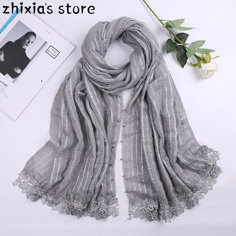 

New cotton lace headscarf malaysia nail pearl headscarf scarf hijab wrap printe solid color shawls headband muslim scarves scarf