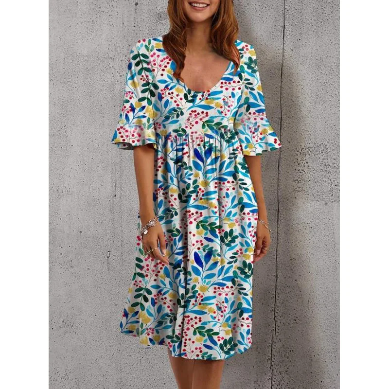 

Loose Summer Women's Round Neck Short-sleeved Ruffled Dress Large Size Casual Floral Bohemian Summer Dress New 2021