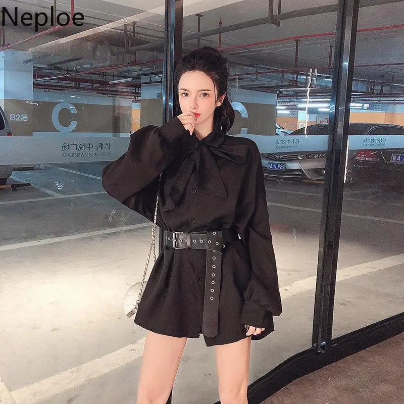 Женское однотонное платье с бантом и длинным рукавом однобортное свободного