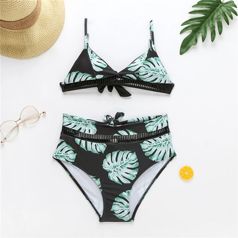 2020 комплект бикини с высокой талией купальник принтом зеленых листьев женский