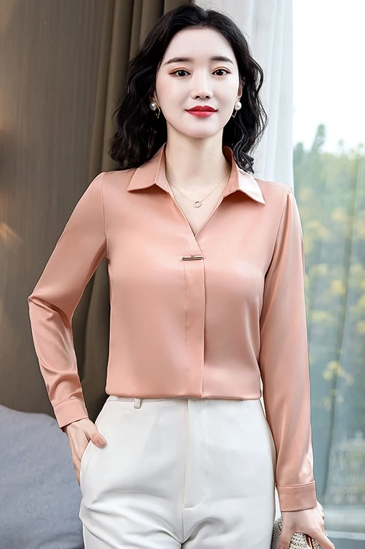 

Houthion Silk Slim Women's Blouses New Casual Blouse Solid Sequined Pullover Spring/autumn Fashion Long Sleeve Top
