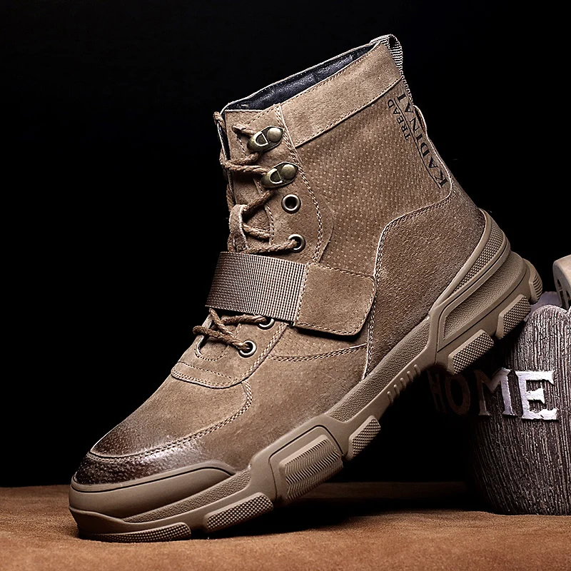 Мужские кожаные высокие ботинки Осень зима плюс бархатная обувь для