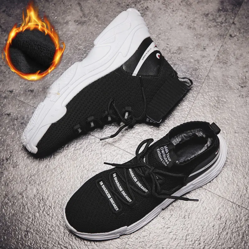 Black plus velvet MANLI Shark/кроссовки для женщин и мужчин; трикотажная верхняя дышащая Спортивная обувь; ботинки с массивным каблуком; Высокая спортивная обувь для мужчин и женщин; большие размеры 47 - Цвет: Black plus velvet