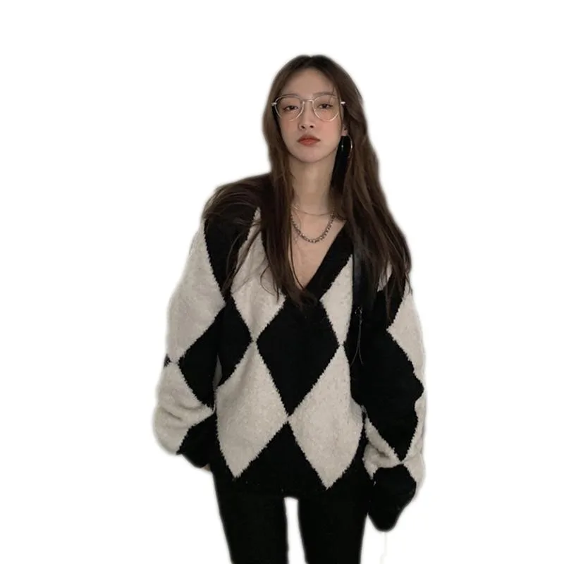 Женский трикотажный пуловер WSYORE черный и белый Свободный Повседневный длинный