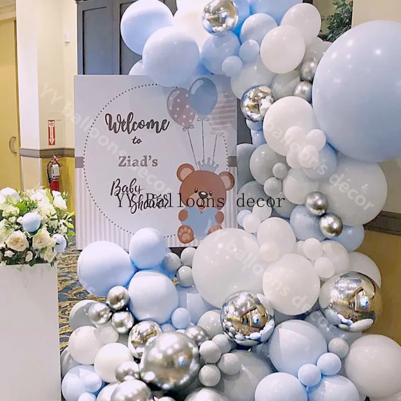 168pcs Balloon Garland Arch Pastel Blue Gray White Macaron Wedding Baby Shower Party Backdrop Tape Wall Balloons Decor