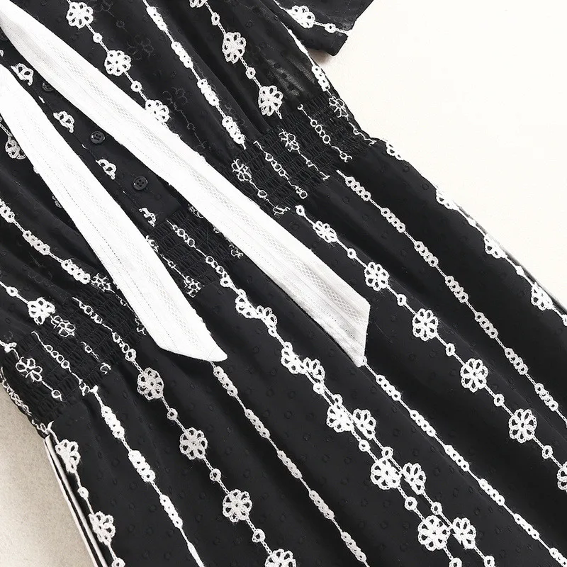 

Summer Designers Jumpsuit Women Elegant Short Sleeve Bowknot Embroidery Striped Long Overalls Rompers Womens Jumpsuits