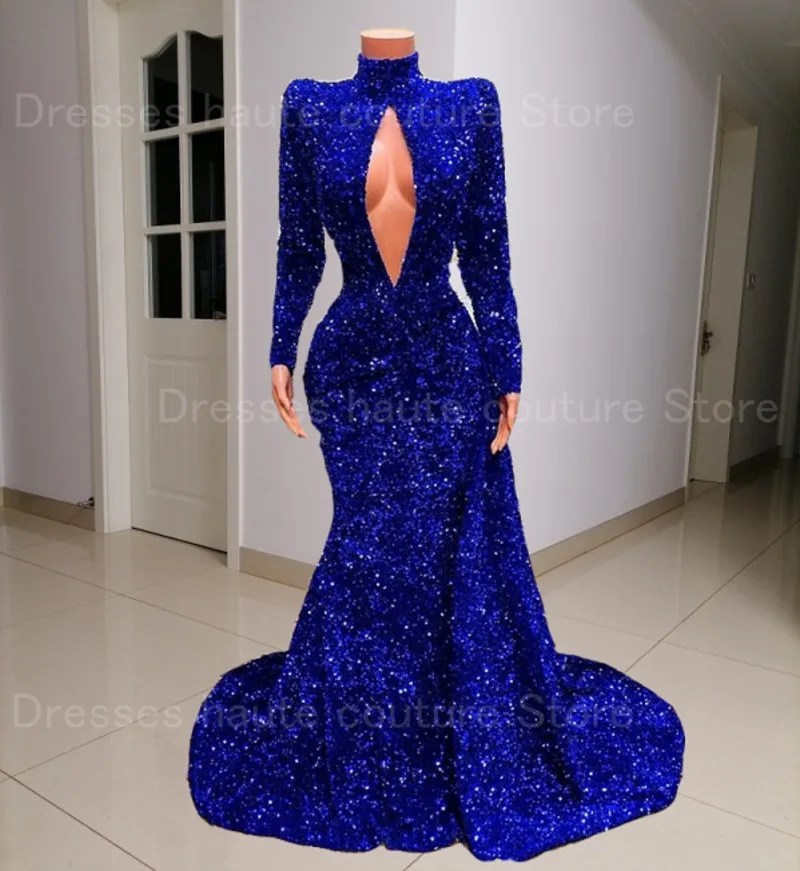 

Royal Blue Sequins Long Sleeves High Neck Mermaid Prom Dresses 2021 for African Black Girls Real Photos Formal Party Gowns