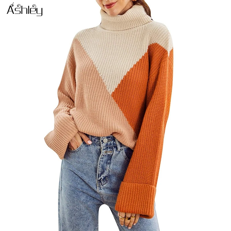 

Ashley turtle winter 2020 pullover woman sweater harajuku patchwork sweaters women knitted high fashion female loose jumper
