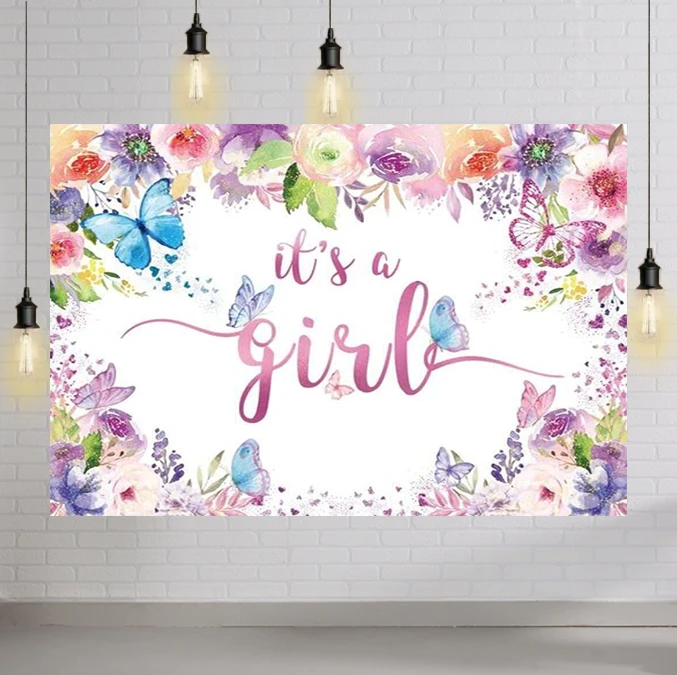 

Floral and Butterfly It's A Girl Backdrop Purple Flower Fairy Photography Background Baby Shower Princess Birthday Decorations