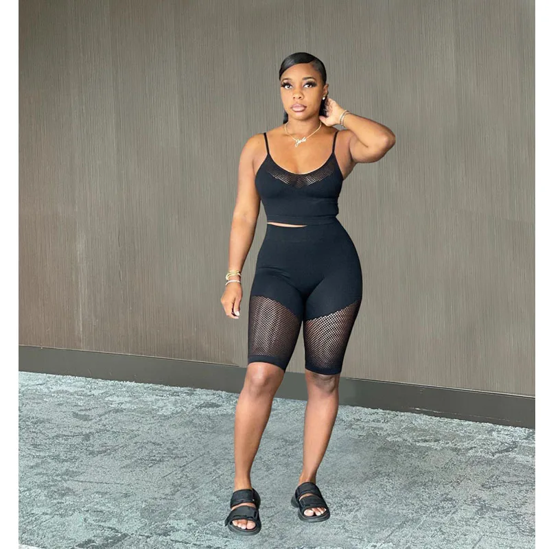 

Summer Clothes Two Piece Set Women Sexy Mesh Sheer Patchwork Sling Tank Top+Shorts Sets Fitness Club Outfit Streetwear Wholesale