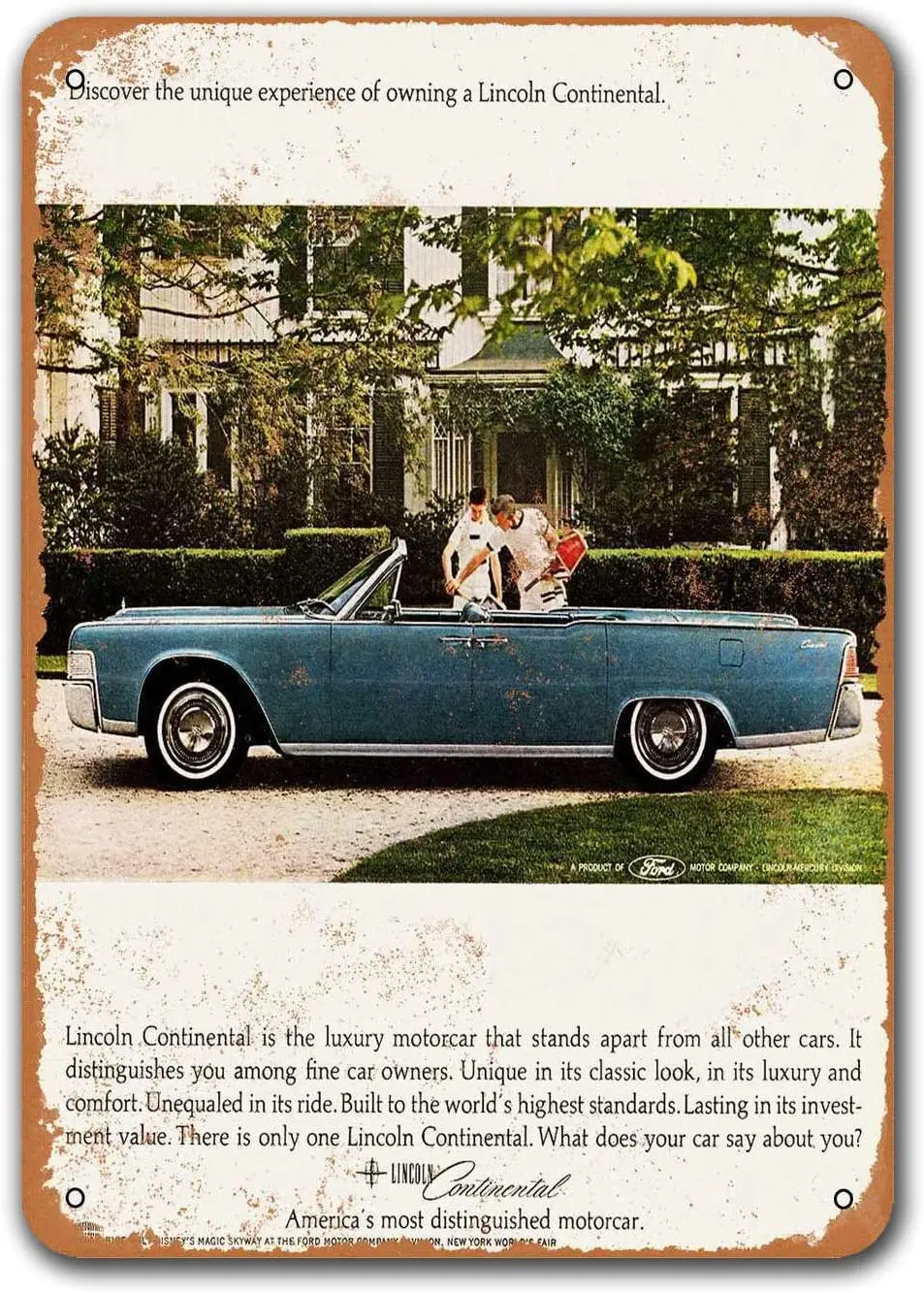 

1965 Lincoln Continental 7 Old Car Tin Sign, Sisoso Vintage Metal Plaques Poster Man Cave Garage Retro Wall Decor 8x12 inch