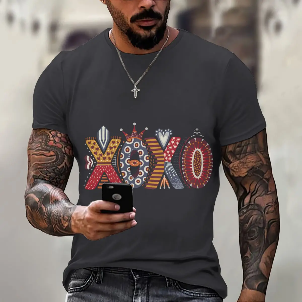 

Fashionable Summer 3D Printing Colorful Funny Xoxo Letter Pattern Men's T-Shirts Street Hip-Hop Personality Wild Loose Oversized