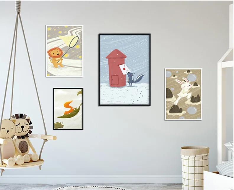 Cute Cartoon Animal Scene Decorative Painting Children's Room Living Bedroom Mural Lion Fox Nursery Baby Decor | Дом и сад