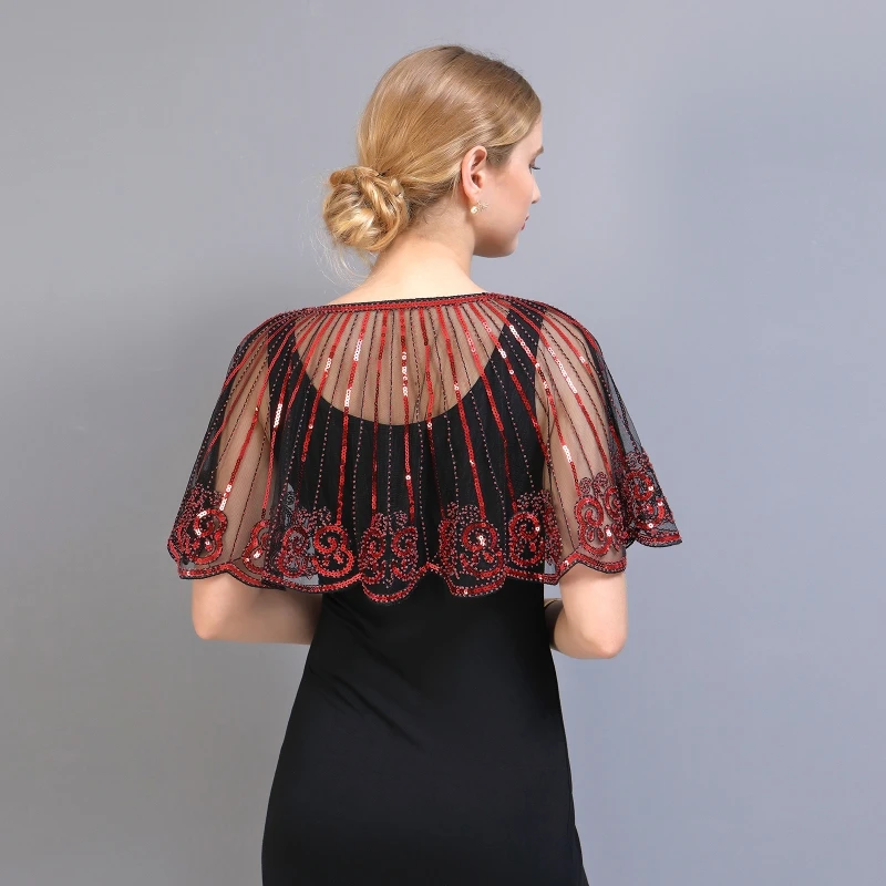 

Women Net Yarn Thin Breathable Short Shawl Latin Dancing Modern Dance Vintage Sequin Bead Cape Stage Performance Costume