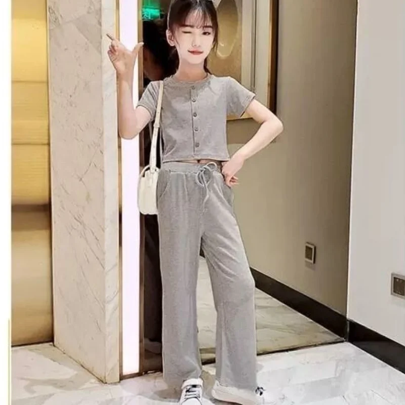 

2021 New casual girls summer suit shirt + pants girls two-piece set