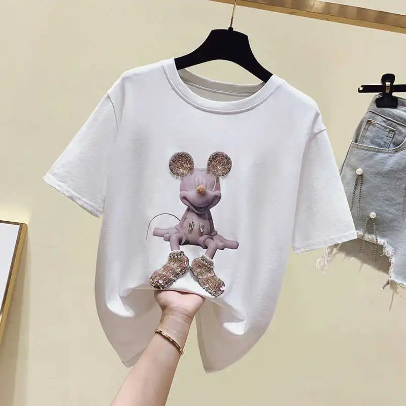 

Women's Summer T-shirts Cute Mouse Mickey Graphic Tee Casual O-neck Short Sleeve Funny T Shirt Beaded Tops Korean Girls Tops