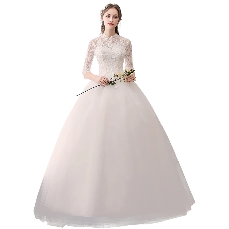 Robe De Mariee белые свадебные платья высокие кружевные аппликации для выреза бальный халат с рукавами до локтя Элегантные платья невесты Abito Da Sposa