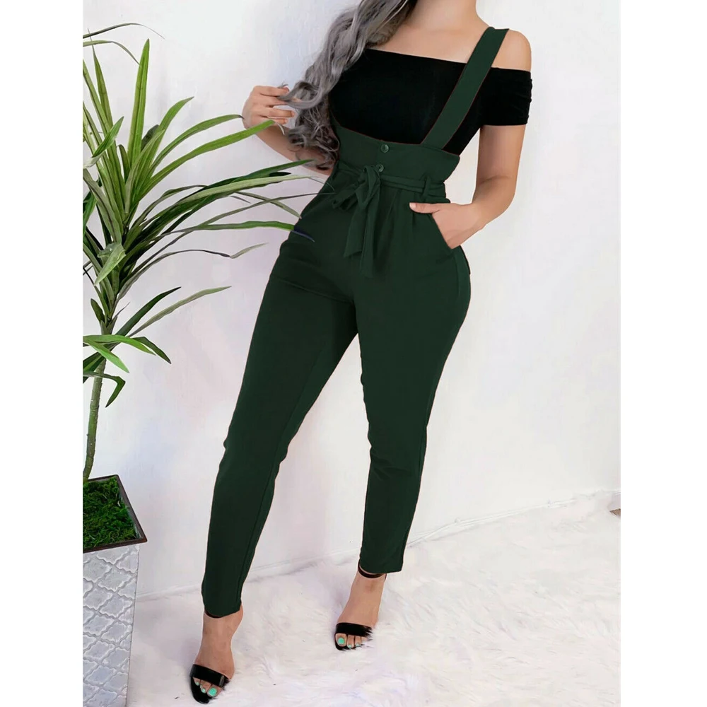 

Hirigin Women's High Waist Belt Overall Pants Pocket Jumpsuit Lady Belt Bib Pants Solid Color Sling Trousers Female Brand New