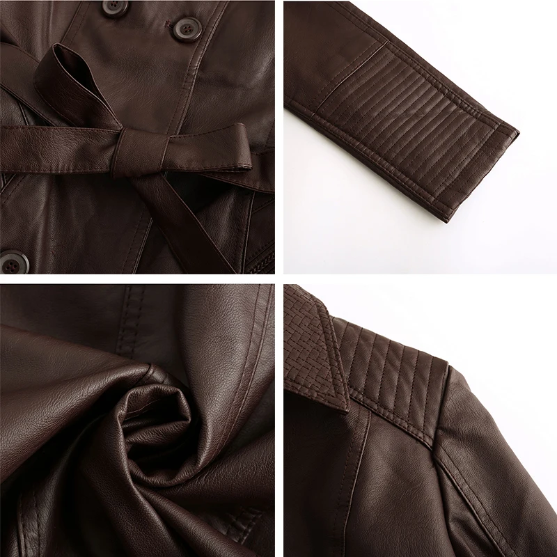

Women's Leather Jackets Trench Coat Pu Faux Autumn Winter Plus Velvet Solid Turn Down Collar Double Breasted Adjustable Waist