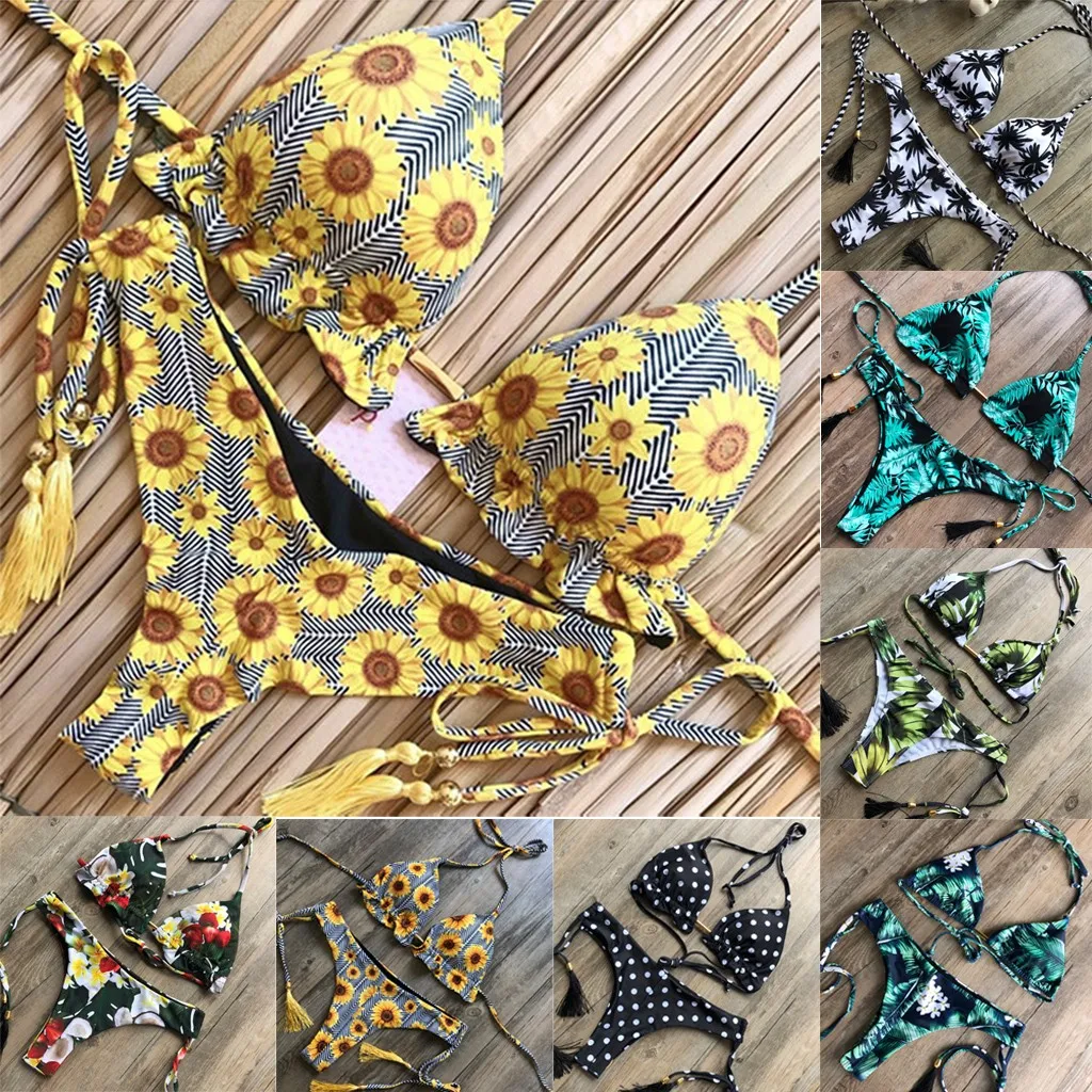 

SAGACE Sexy Bikini Set Women hot stamping printed tassels lace Female Swimwear Push-Up Padded Ladies Swimsuits