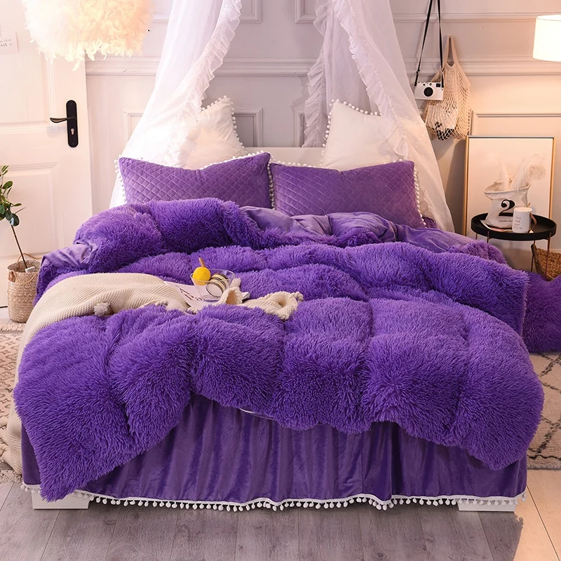

LUXURY PLUSH SHAGGY DUVET COVER SET QUILTED POMPOMS FRINGE RUFFLES BEDSKIRT PILLOW SHAMS BEDDING SET TWIN FULL QUEEN KING 4/6PCS