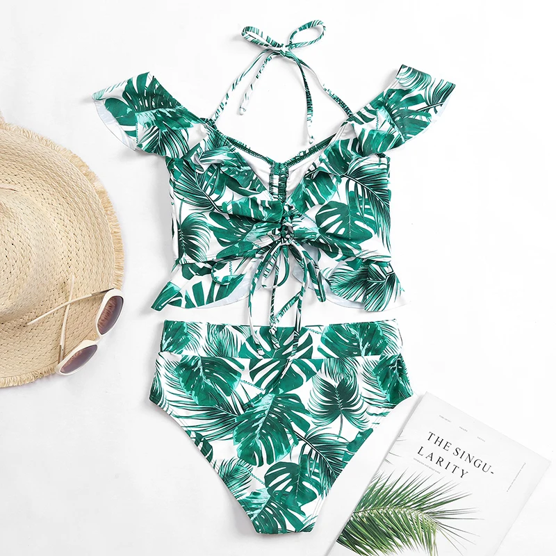 

Sexy Ruffled Swimsuit Padded Swimming Suit 2021 Summer High Waist Bikini Sets Swimwear Halter Floral Print Biquinis Bathing Suit