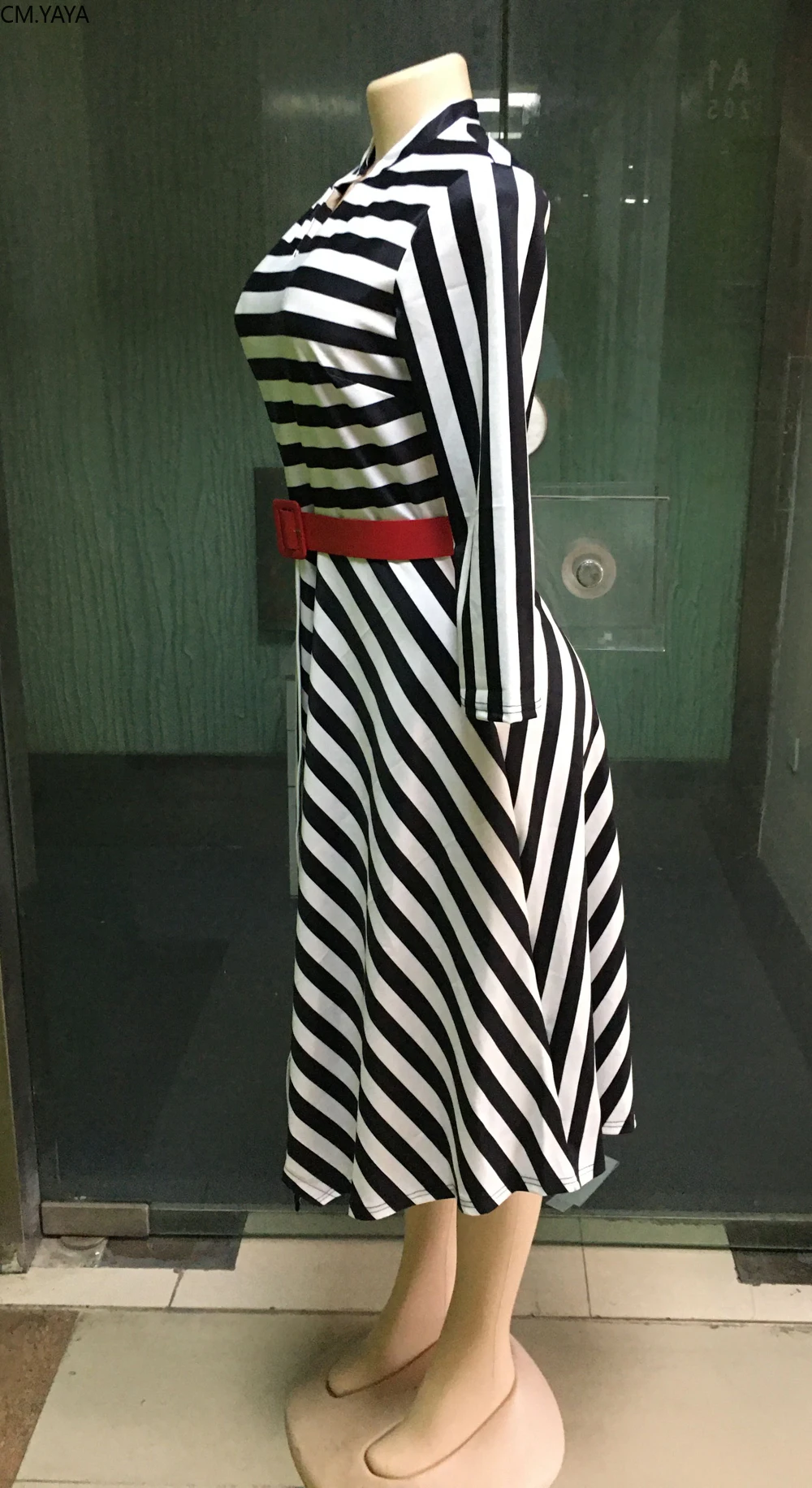 Women Winter Fall Three Quarter Sleeve Striped Dress Office Lady Street Style Sashes Asymmetrical midi Dresses Plus Size AM387 | Женская