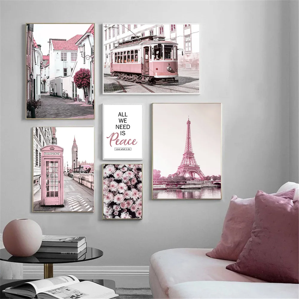 

City Building Pink Bus Tower Wall Art Canvas Painting Flower Quotes Print Nordic Posters And Prints Wall Pictures Bedroom Decor