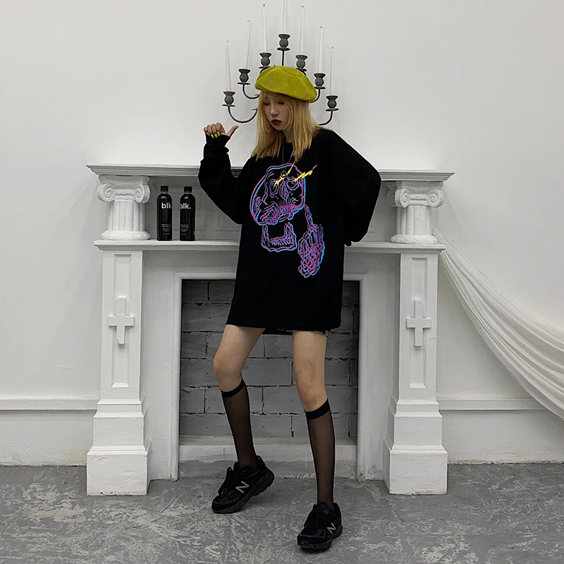 Skull Print Harajuku Hoodie Sweatshirt Casual Hoodies Women Oversized Polyester Cotton Winter Coat Halloween Long Sleeve V557
