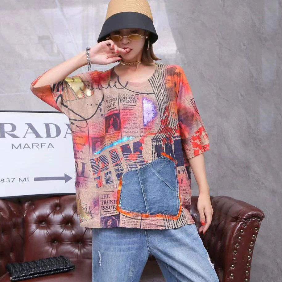 

Женская трикотажная футболка с коротким рукавом, винтажный пуловер большого размера с принтом в европейском стиле, уличная одежда, Новинка ...