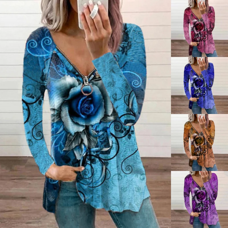 

2021 Summer Womens V-Neck Zipper Rose Flower Printed Long-Sleeve T-Shirt Fashion New Casual Loose Ladies T-Shirt Tops