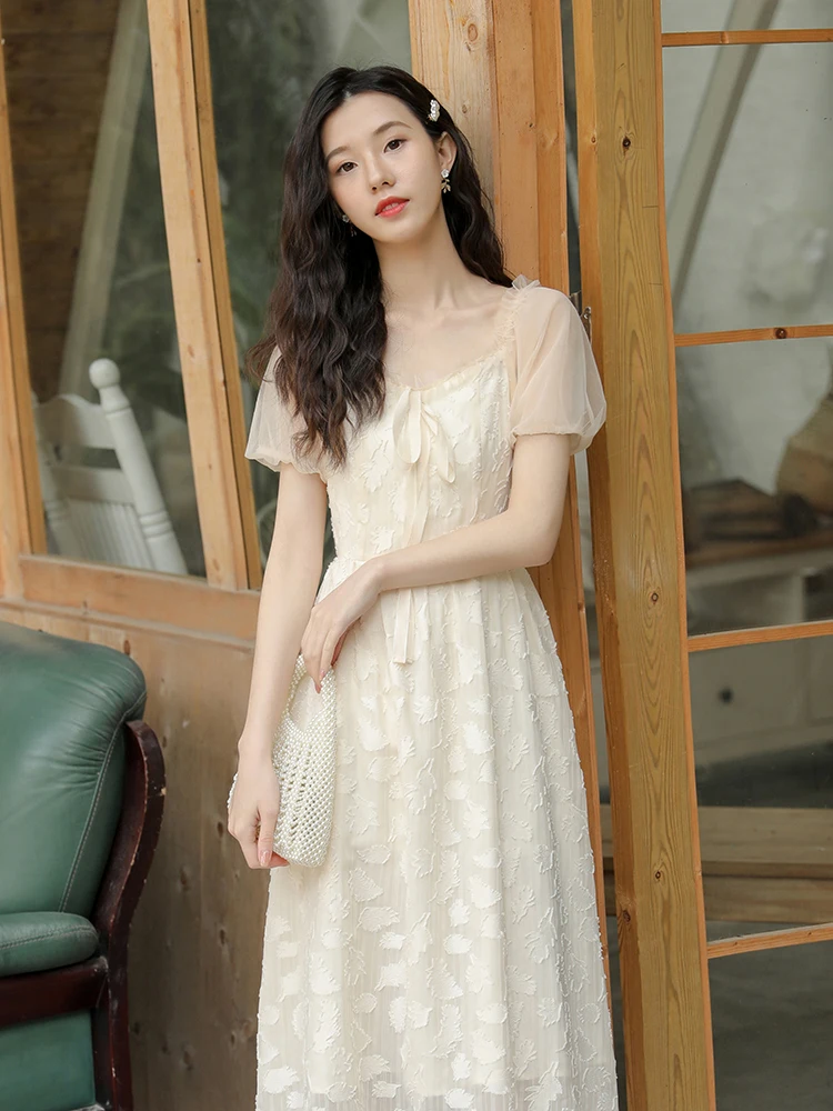 

Long Fairy A-line Skirt Temperament Gentle Wind French First Love Sweet Chiffon Puff Sleeve Dress Female Summer Square Neck