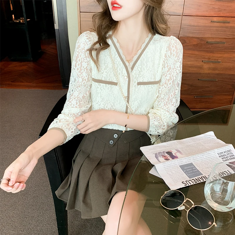 

Summer New Women's Blouses V-neck Shirt Long Sleeve Top Blouse Solid Color Girl Lace Casual Fashion Lady Loose