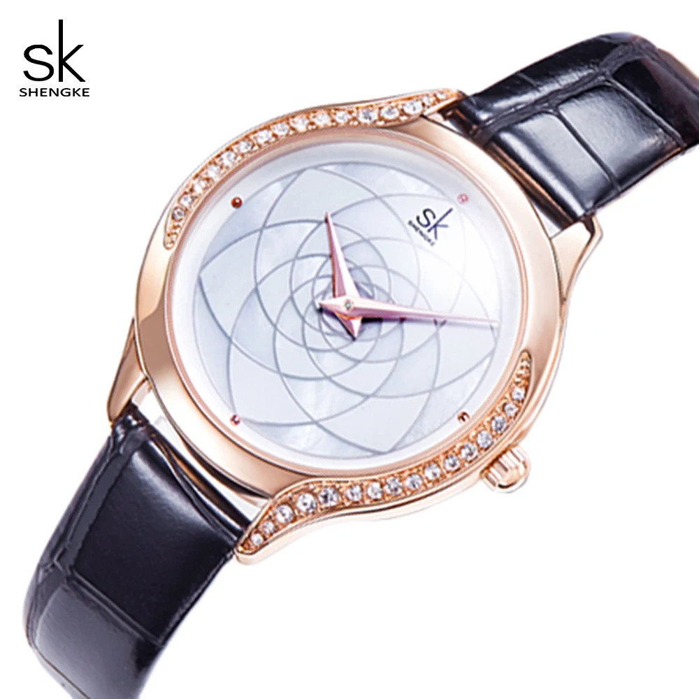 

Shengke Women Watches Rhinestone Hardlex Geometric Dial Leather Strap Ladies Luxury Quartz Waterproof Wristwatch K1022