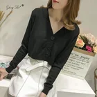 Женский однотонный вязаный свитер, весенние укороченные топы в стиле пэчворк на пуговицах с длинным рукавом, милый кардиган с V-образным вырезом для девушек, новинка 2021