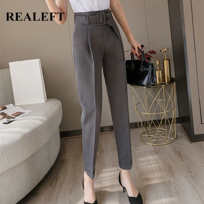 Женские строгие шаровары REALEFT черные офисные брюки до щиколотки с поясом и