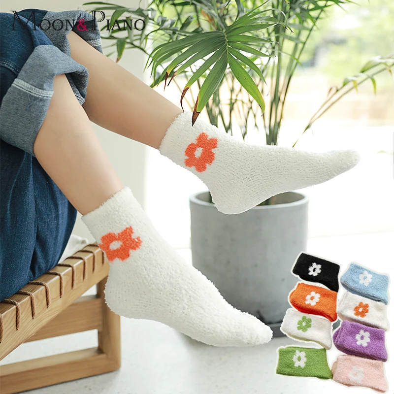 Женские носки из кораллового флиса с большими цветами осенне-зимние толстые