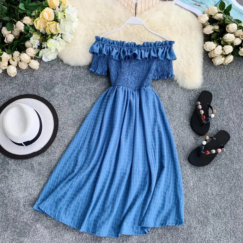 

Women Summer Dresses Plaid Slash Neck Shouder Solid Vestidos 2021 Ruffles A-line High Waist Dress Robe Femme