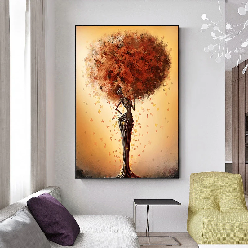 Абстрактный плакат с изображением черной Африканской девушки Цветных Листьев