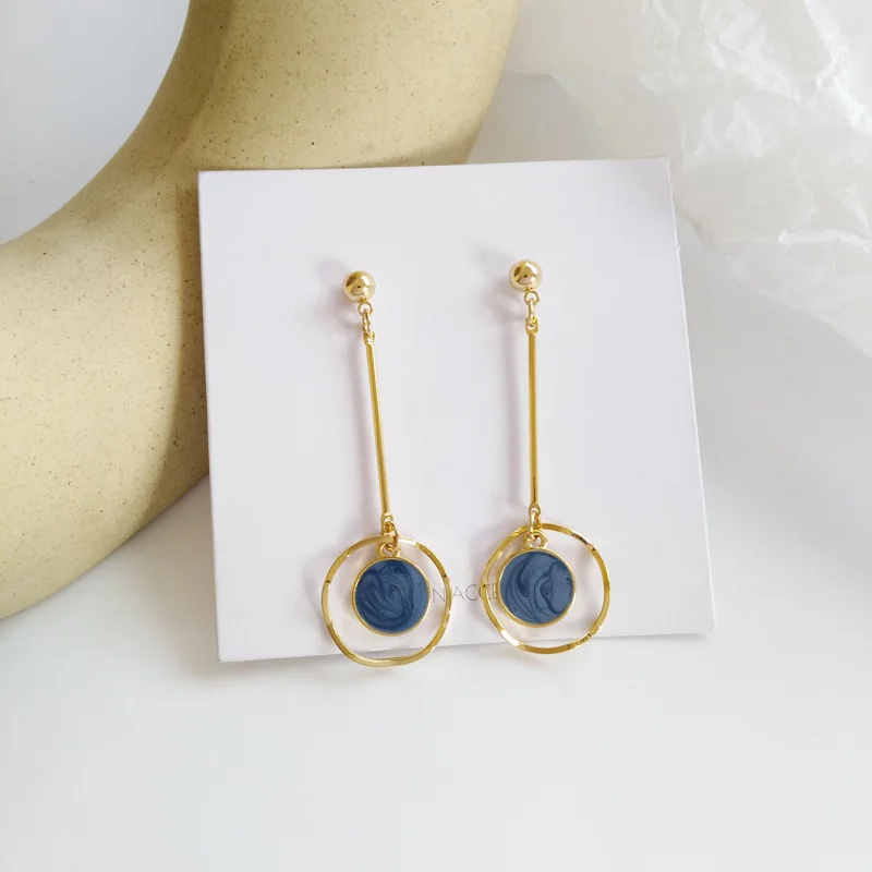 Женские сережки капли S925 needle изящные круглые длинные висячие серьги с эмалью