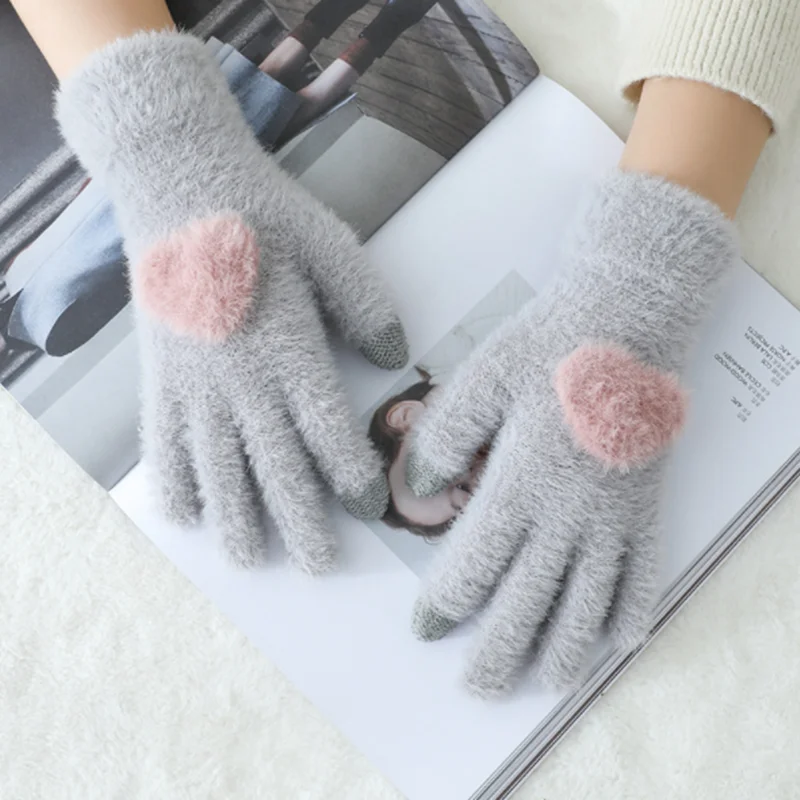 Gloves Knitted Women Touch Screen New Winter Soft Rabbit Wool Knitted Gloves Warm Lovely Girls' Pink Heart Mittens Gloves