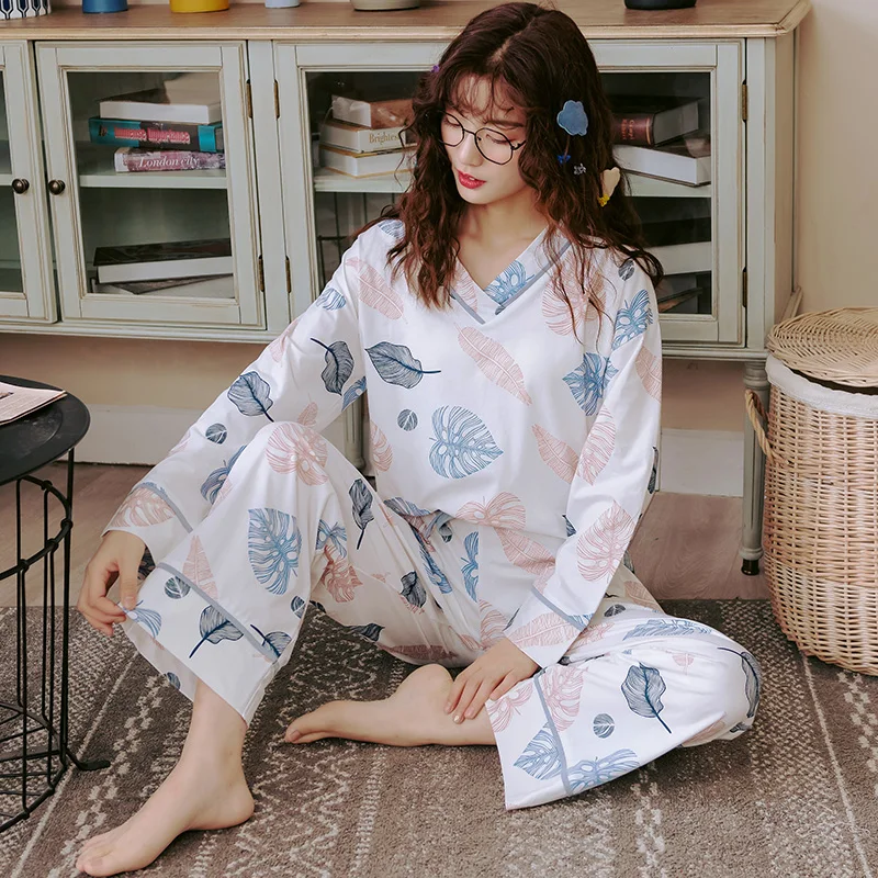 Хлопковая пижама женская 2 предметов принтом милая свободная v-образным вырезом