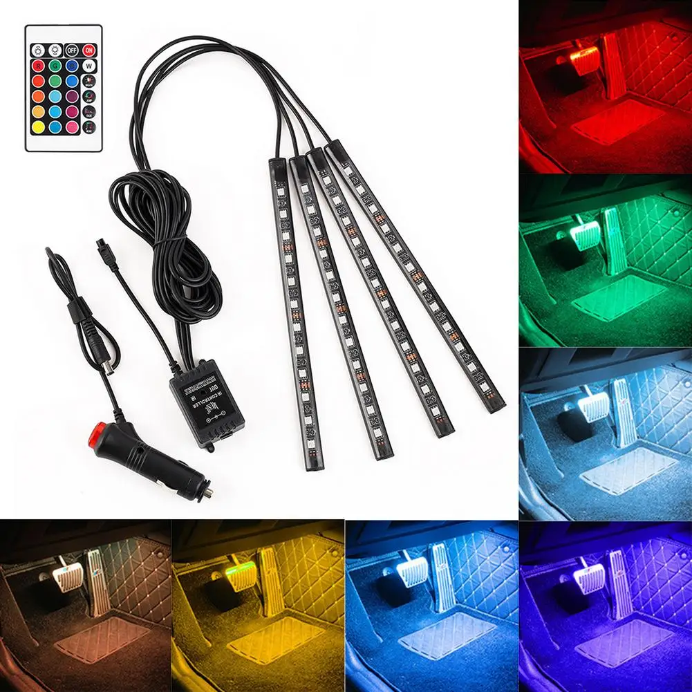 

Car LED colorful foot light color voice control remote control RGB music rhythm light Car one with four LED atmosphere light